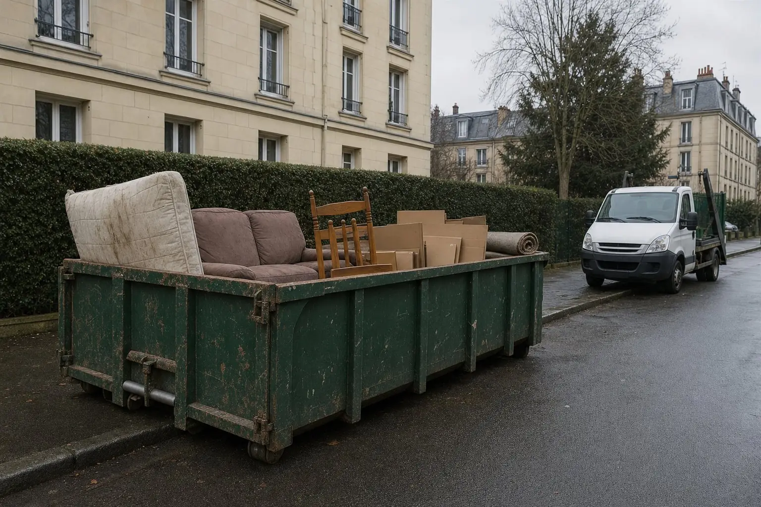 Benne vert foncé posée en bordure de trottoir devant un immeuble en pierre claire, chargée d’un matelas, d’un canapé et de cartons, par temps couvert