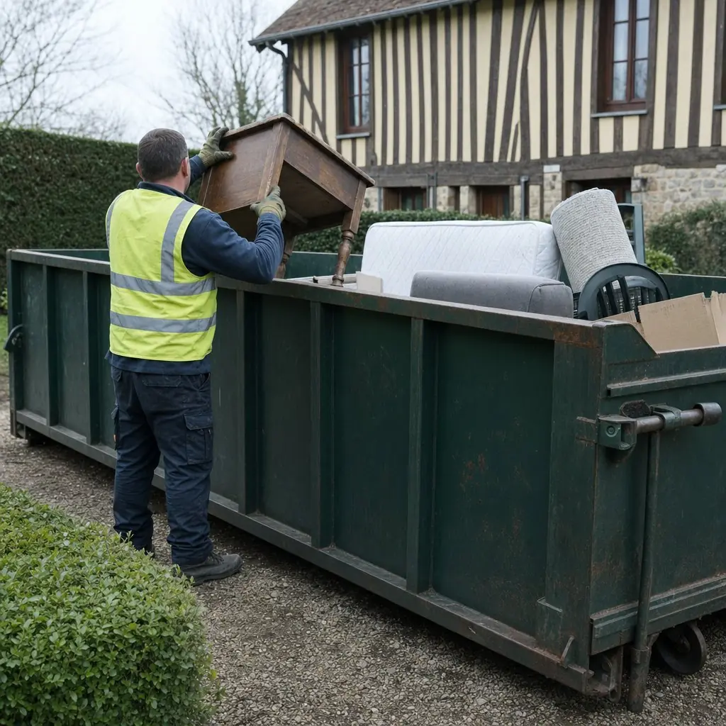 Homme en gilet jaune, vu de dos, soulevant une table de chevet en bois par-dessus la paroi d’une benne vert foncé contenant un matelas, un canapé et un tapis roulé