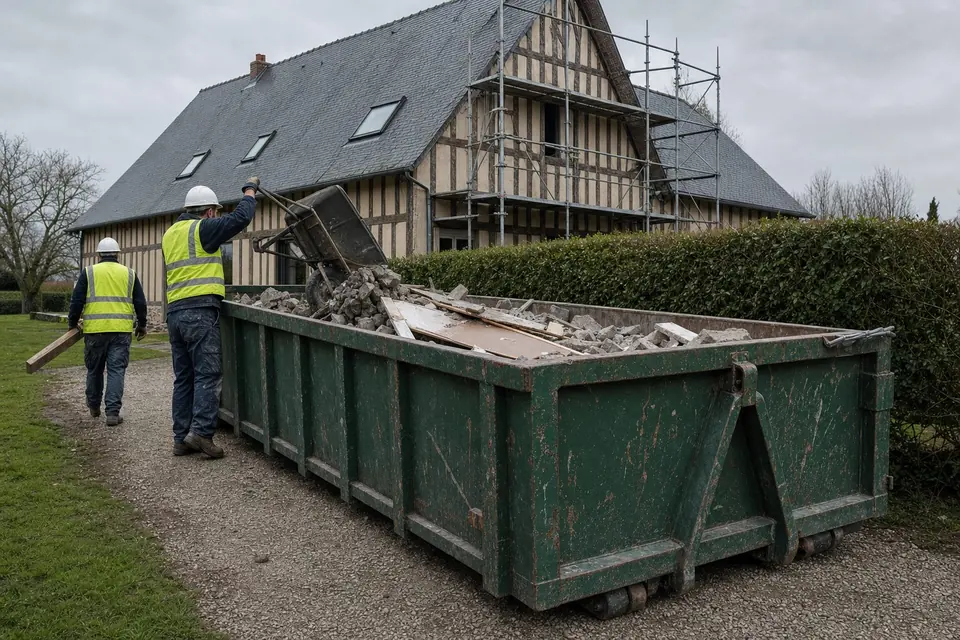 Ouvrier vidant une brouette de gravats dans une benne ampliroll verte, devant une maison à colombages sous échafaudage