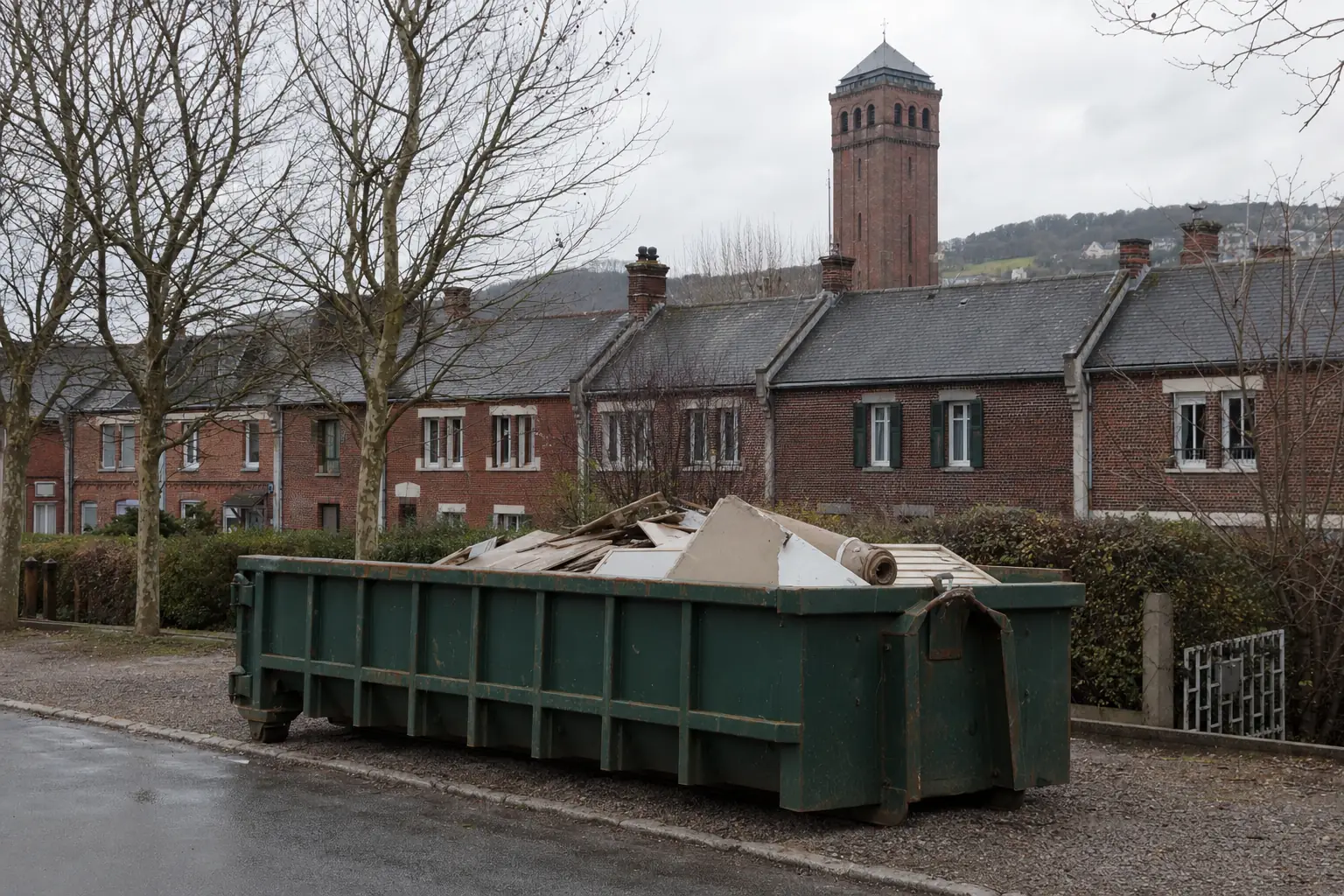 Benne ampliroll vert foncé à parois nervurées posée devant un alignement de maisons ouvrières en brique, beffroi industriel en arrière-plan
