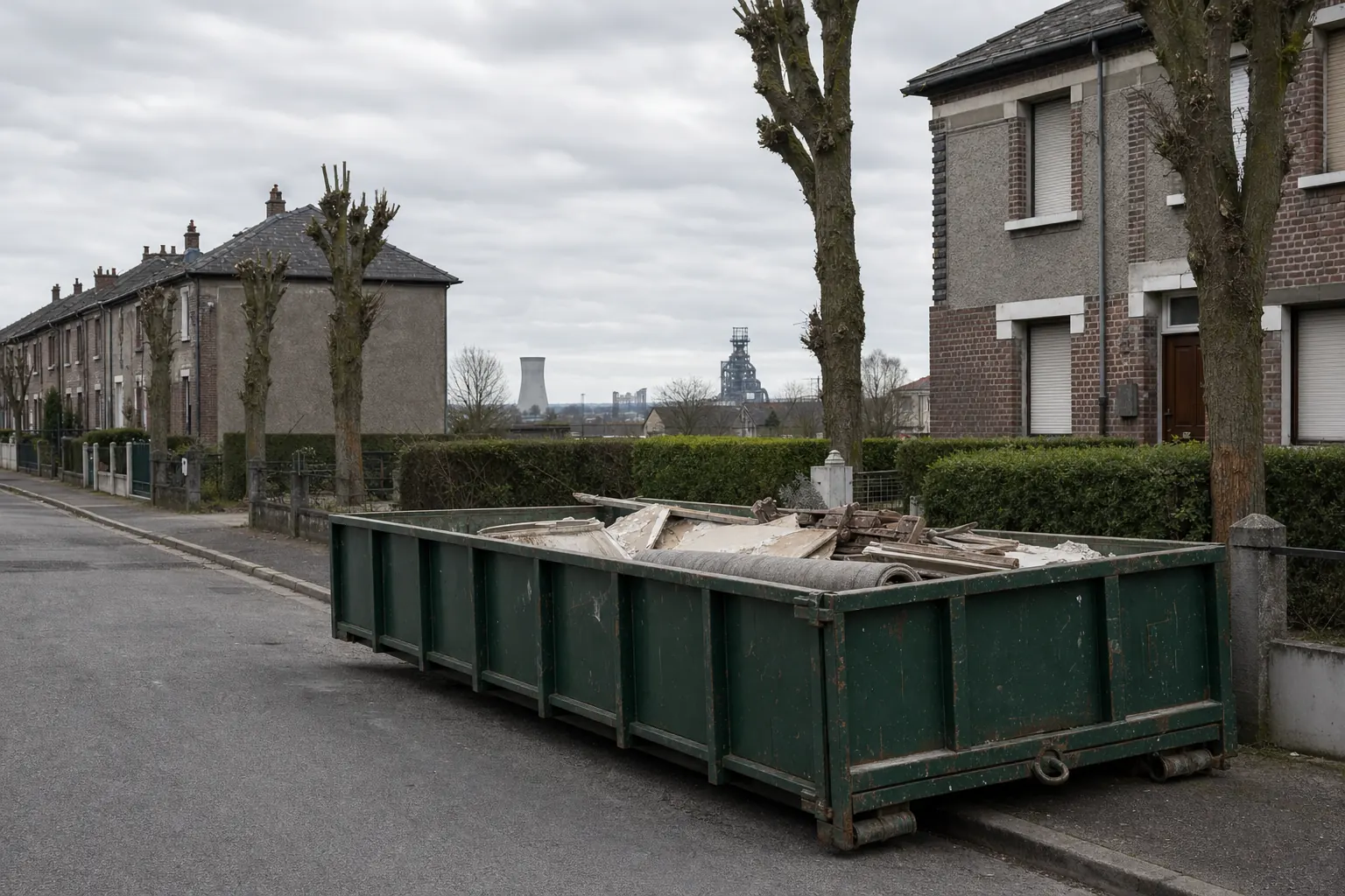 Benne ampliroll vert foncé à parois nervurées posée le long d’une rue de maisons ouvrières en brique, cheminée et réfrigérant d’une usine désaffectée à l’horizon