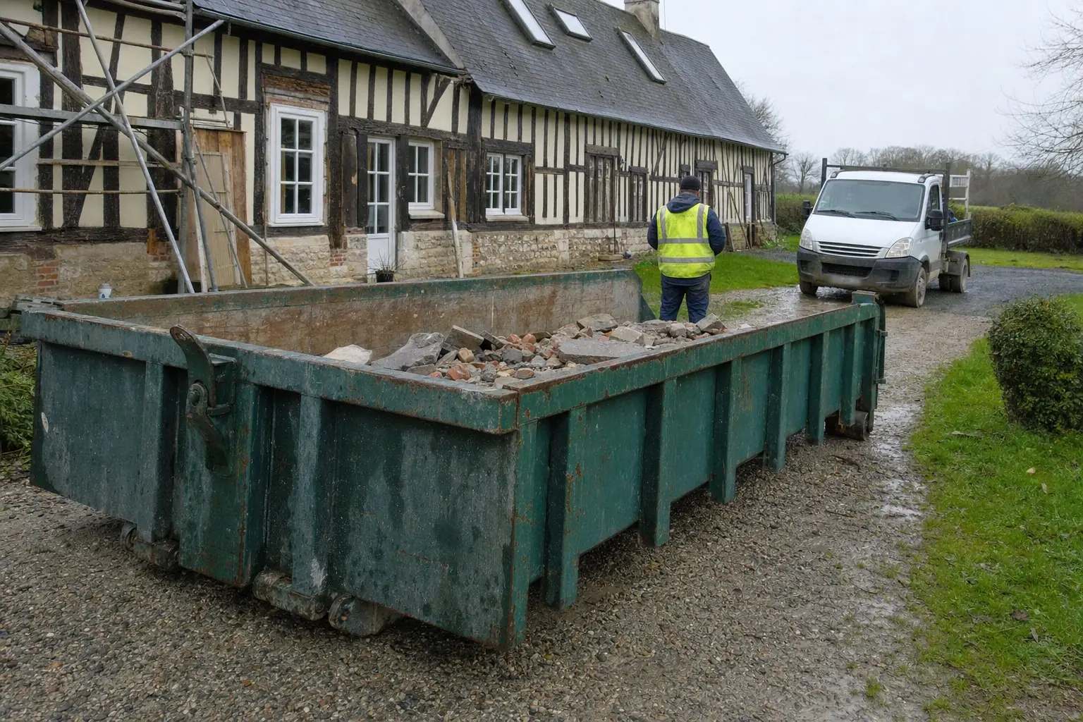 Benne ampliroll vert foncé chargée de blocs de béton et de briques, posée sur la cour gravillonnée d’une maison en rénovation