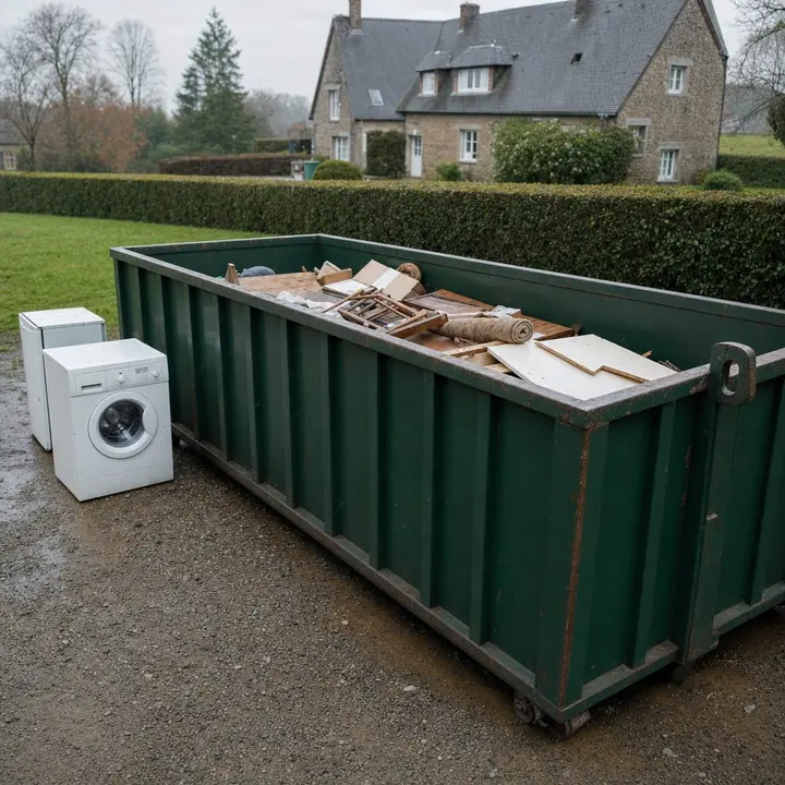 Cartons, chaises et vieux mobilier rangés à plat au fond d’une benne, appareils électriques mis de côté sur le gravier