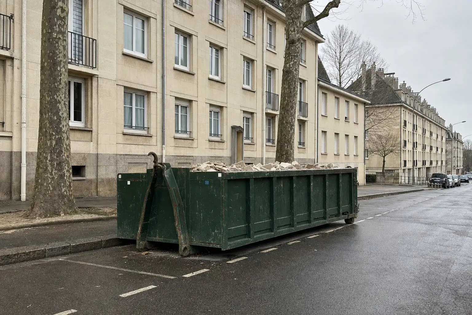 Benne ampliroll vert foncé posée le long d’un trottoir devant un immeuble de pierre, sous un ciel couvert