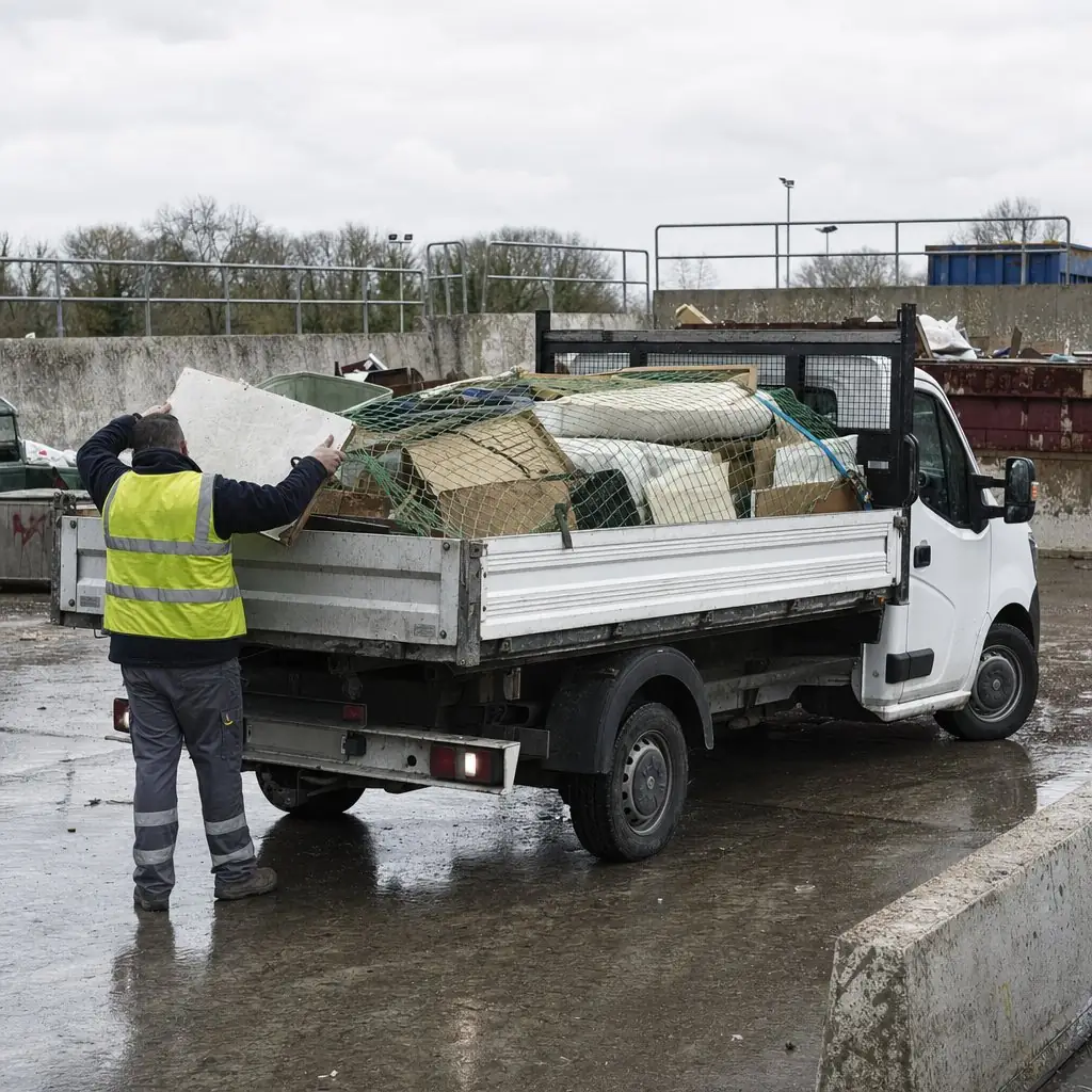 Camion utilitaire blanc à benne basculante chargé de mobilier et de cartons, stationné sur le quai en béton d’une déchèterie par temps couvert