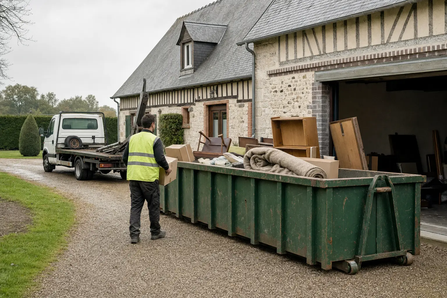 Benne ampliroll posée dans l’allée gravillonnée d’une maison normande pendant un débarras de garage