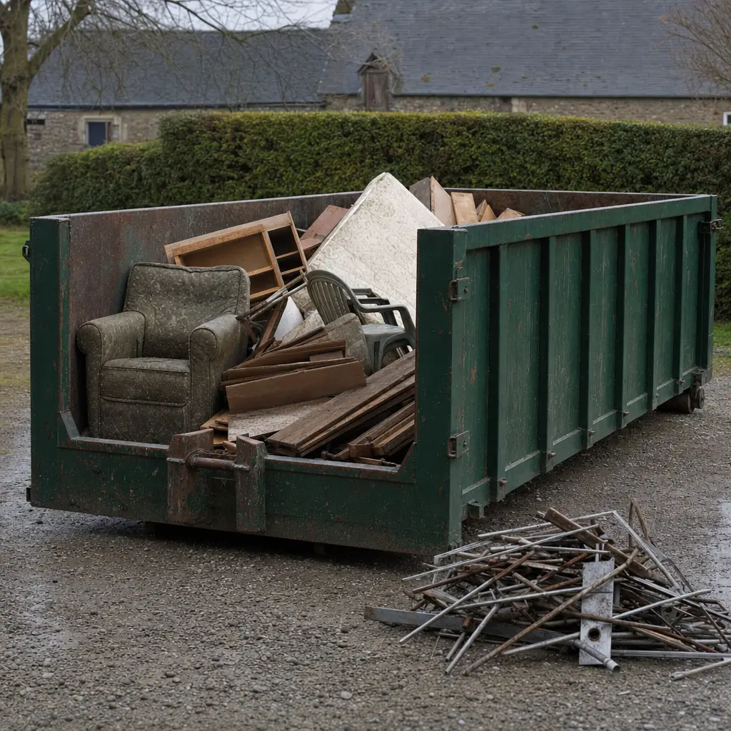 Benne ampliroll verte remplie de mobilier, matelas et planches, avec un tas de ferraille posé à part sur le gravier