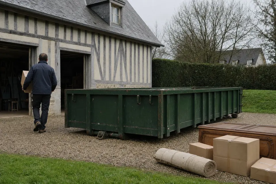 Benne ampliroll verte posée dans l’allée d’un pavillon normand, garage ouvert et cartons empilés à côté