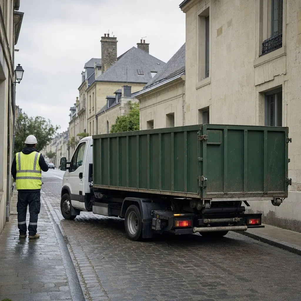 Porte-benne léger blanc en manœuvre dans une rue étroite bordée d’immeubles en pierre calcaire
