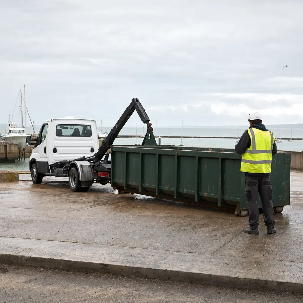 Porte-benne léger blanc déposant une benne ampliroll vert foncé sur un quai en béton, mâts de voiliers en arrière-plan