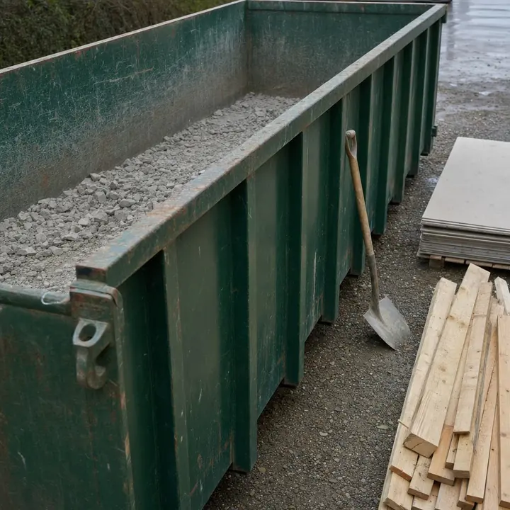 Fond d’une benne couvert d’une couche de gravats, bois et plaques de plâtre stockés à part sur le gravier