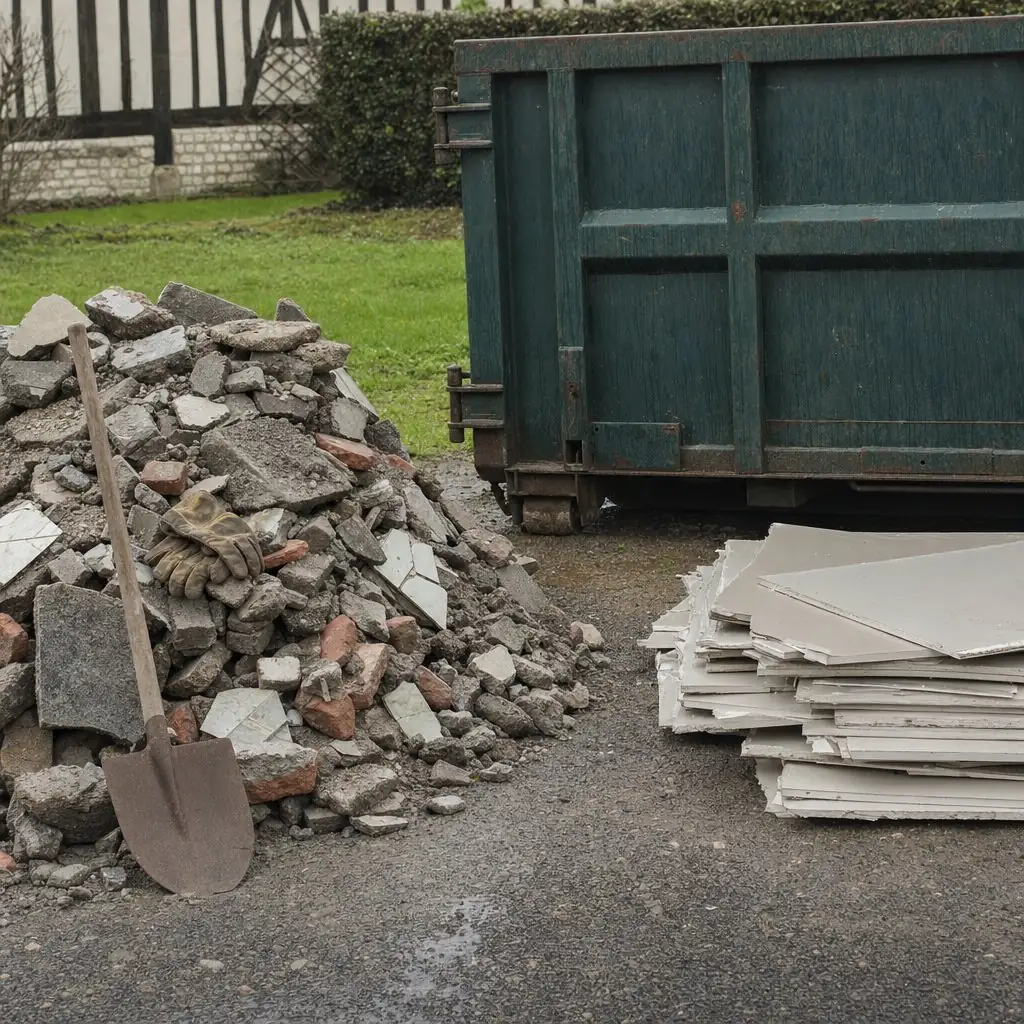 Blocs de béton et briques empilés au sol d’un chantier, séparés d’un tas de plaques de doublage