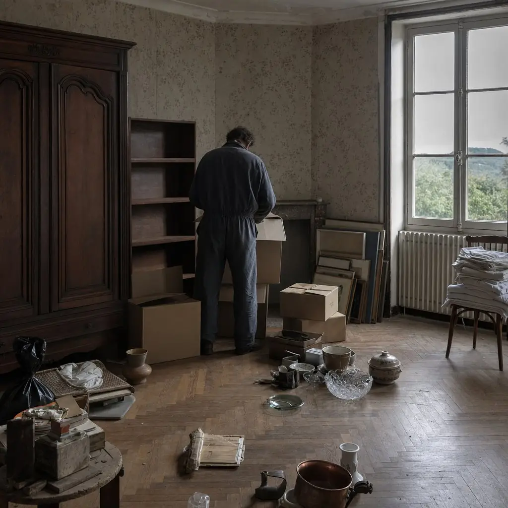 Pièce d’une vieille maison en cours de vidage, armoire ancienne, cartons empilés et objets triés au sol