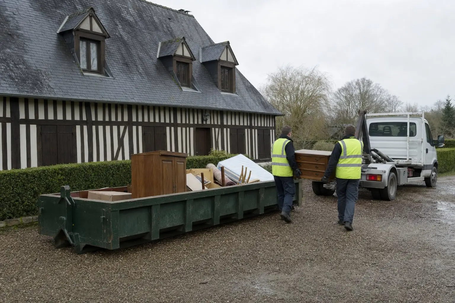 Benne ampliroll vert foncé posée sur la cour de gravier d’une longère à colombages, chargée de mobilier ancien