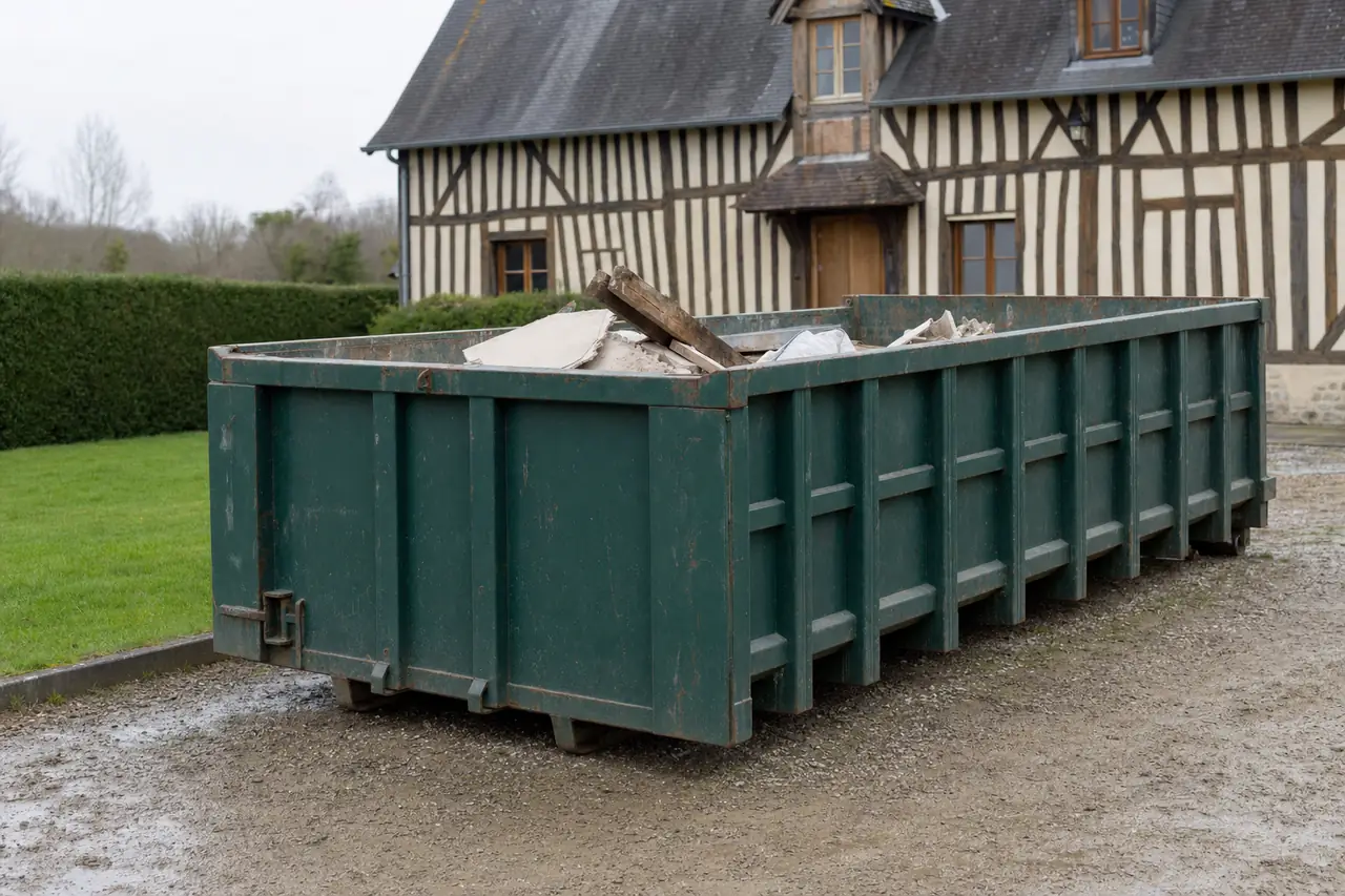 Benne ampliroll chargée de déchets de rénovation, posée devant une maison à colombages en Normandie