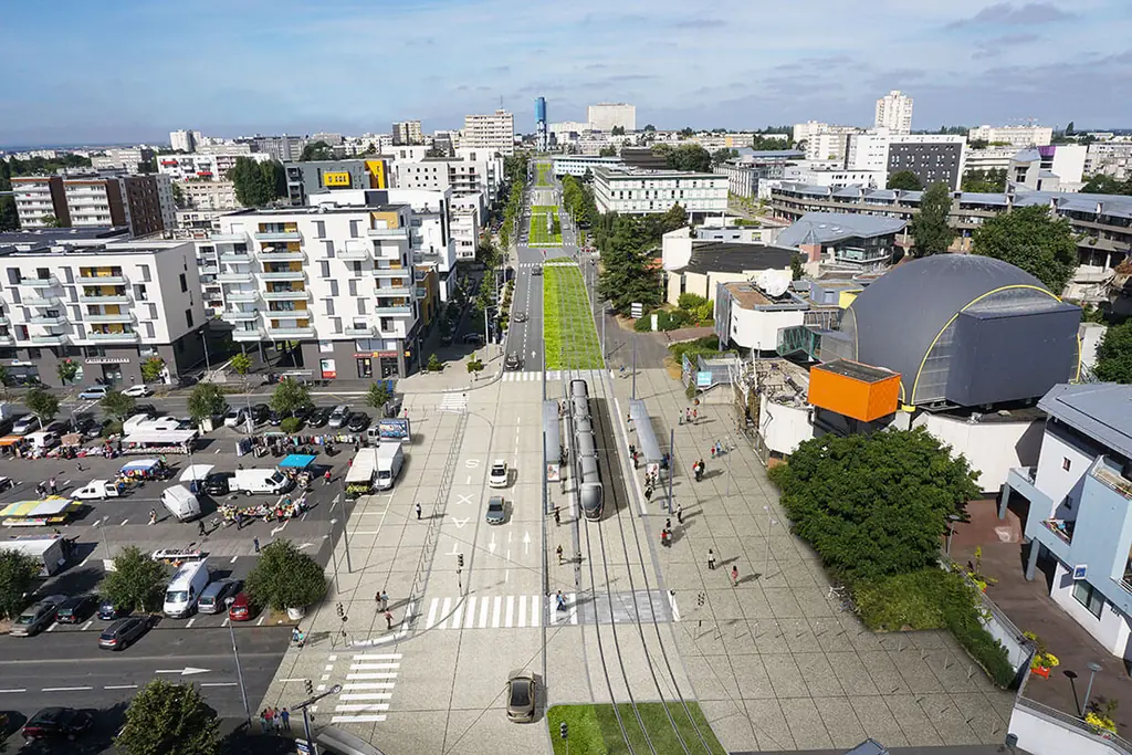 Avenue et ligne de tramway d’Hérouville-Saint-Clair vues depuis les hauteurs